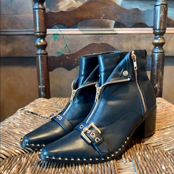 ✨Black Moto Ankle Boots Gold Zips Buckle Studs✨6.5 - Picture 8 of 13